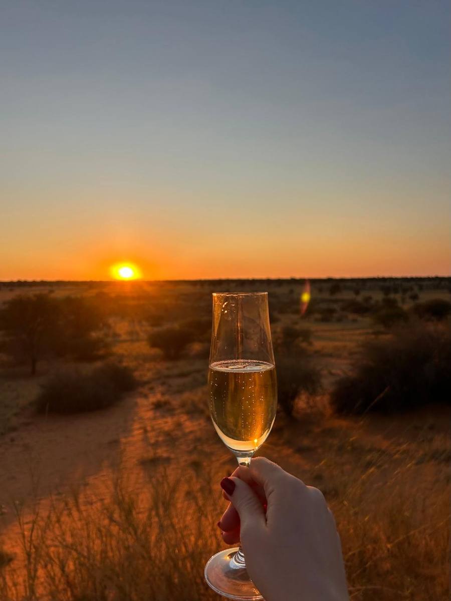 A glass of sparkling wine held up against the Kalahari sunset